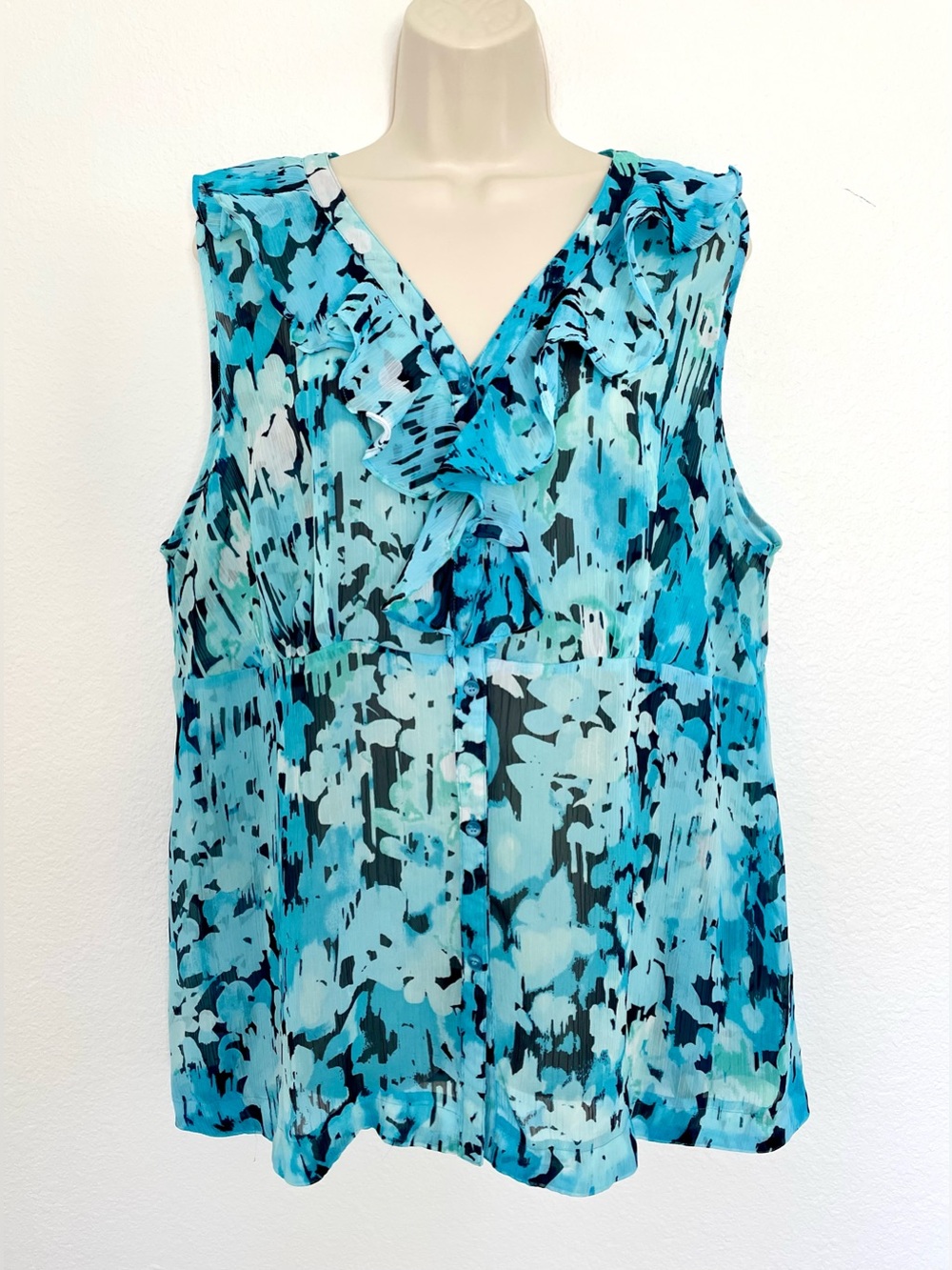 Lane Bryant Blue Multi-Colored Floral Ruffle V-Neck Empire Waist Top Sz 18/22 W